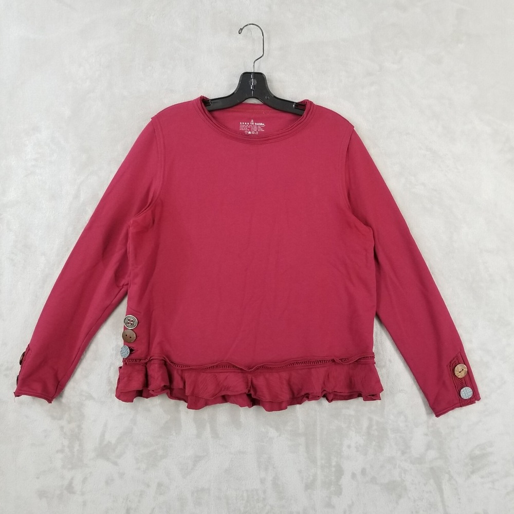 Neon Buddha Pullover Women M Red Cape Side Ruffled Hem Buttons Sweatshirt Art